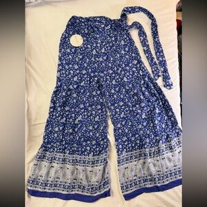 Bohme Blue and White Floral Flare Pants